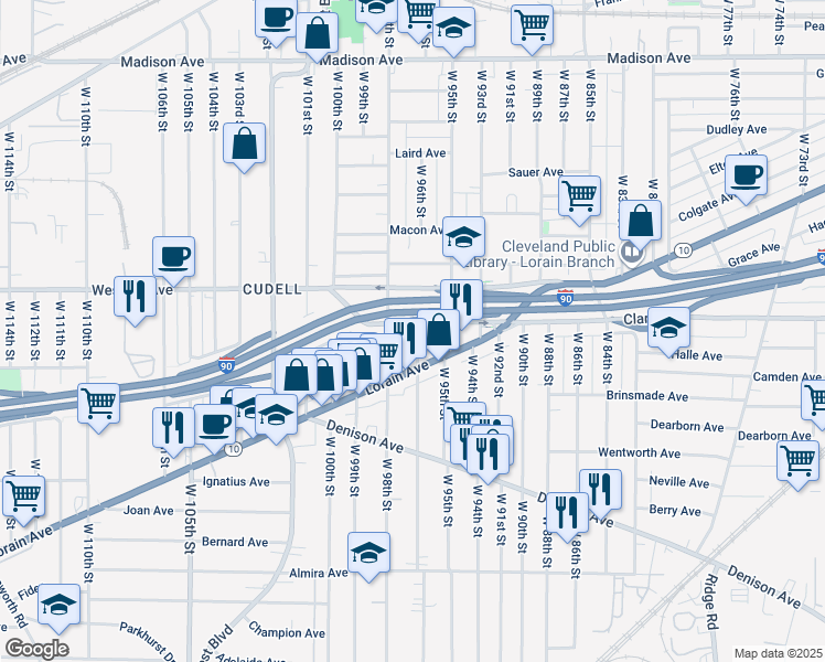 map of restaurants, bars, coffee shops, grocery stores, and more near 3118 West 97th Street in Cleveland