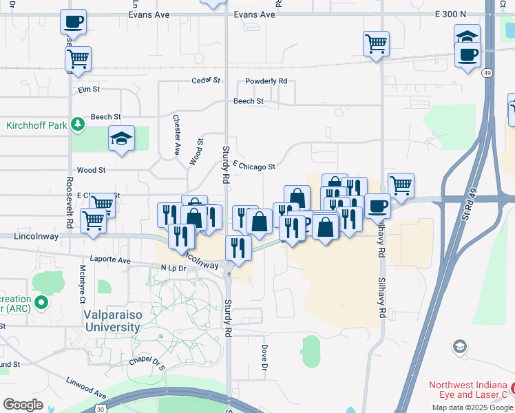 map of restaurants, bars, coffee shops, grocery stores, and more near 102 Mayfield Avenue in Valparaiso