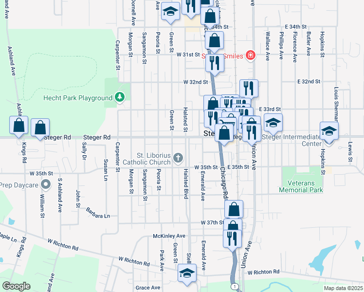 map of restaurants, bars, coffee shops, grocery stores, and more near 3414 Halsted Boulevard in Steger