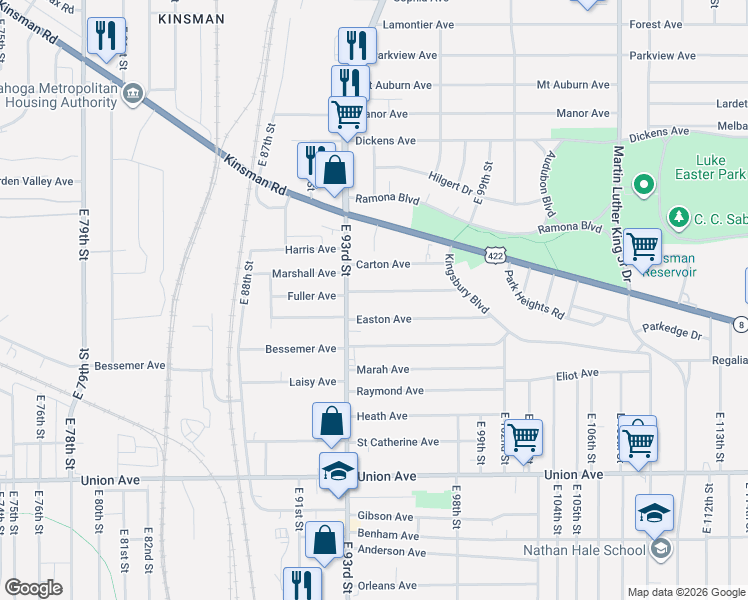 map of restaurants, bars, coffee shops, grocery stores, and more near 3303 East 93rd Street in Cleveland