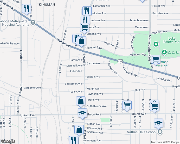 map of restaurants, bars, coffee shops, grocery stores, and more near 3303 East 93rd Street in Cleveland