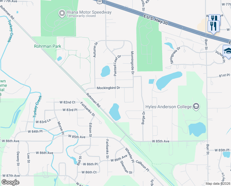 map of restaurants, bars, coffee shops, grocery stores, and more near 2920 Painted Leaf Drive in Crown Point