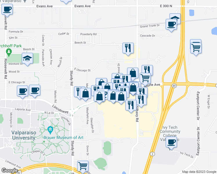 map of restaurants, bars, coffee shops, grocery stores, and more near 2421 Laporte Avenue in Valparaiso