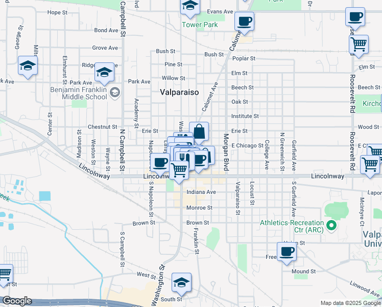 map of restaurants, bars, coffee shops, grocery stores, and more near 103 Franklin Street in Valparaiso