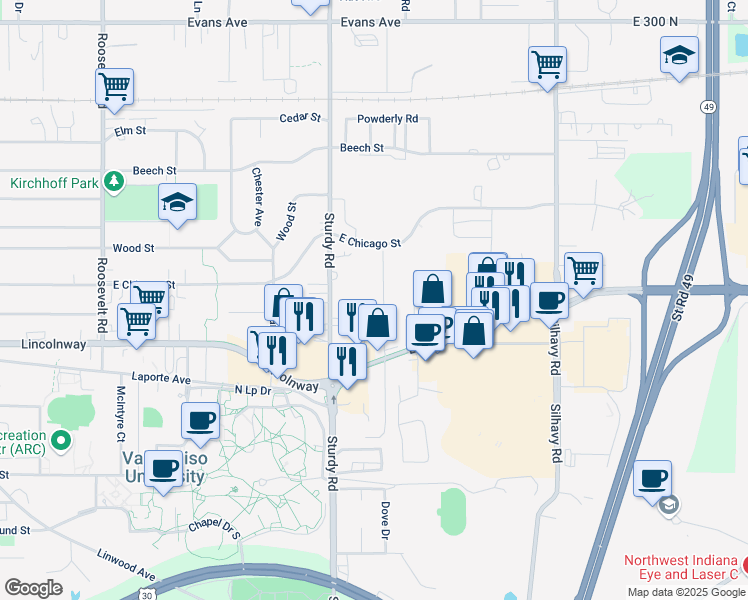 map of restaurants, bars, coffee shops, grocery stores, and more near 102 Mayfield Avenue in Valparaiso