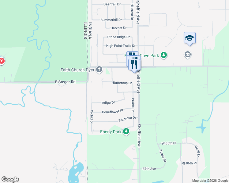 map of restaurants, bars, coffee shops, grocery stores, and more near 3450 Violet Lane in Dyer
