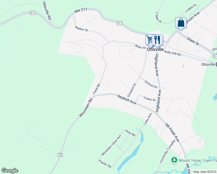 map of restaurants, bars, coffee shops, grocery stores, and more near 18 Penny Lane in Otisville
