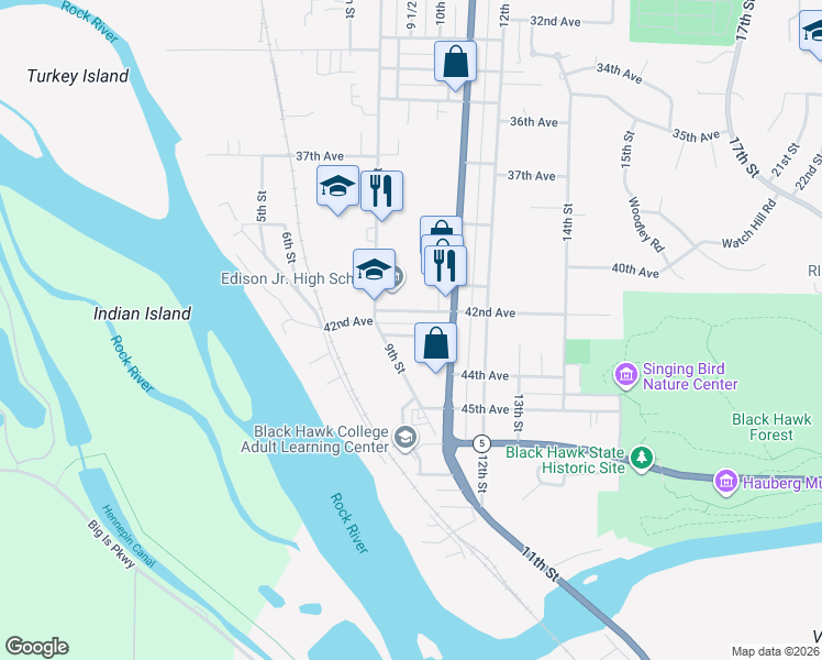 map of restaurants, bars, coffee shops, grocery stores, and more near 932 43rd Avenue in Rock Island
