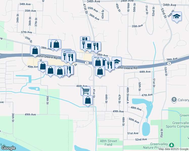 map of restaurants, bars, coffee shops, grocery stores, and more near 3900 44th Avenue in Moline