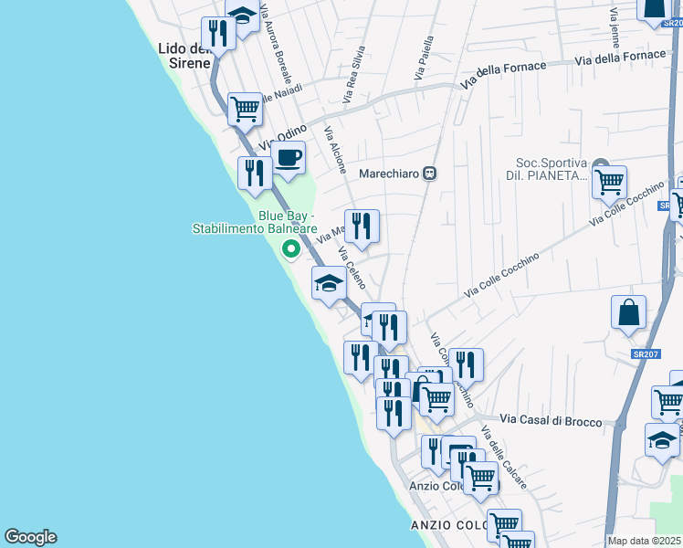 map of restaurants, bars, coffee shops, grocery stores, and more near 56 Via Caligola in Anzio