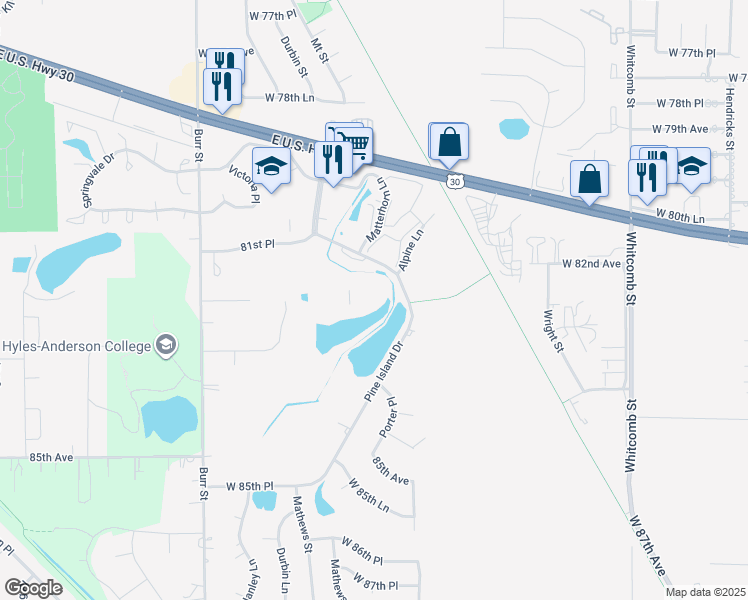 map of restaurants, bars, coffee shops, grocery stores, and more near 4975 West 82nd Court in Crown Point