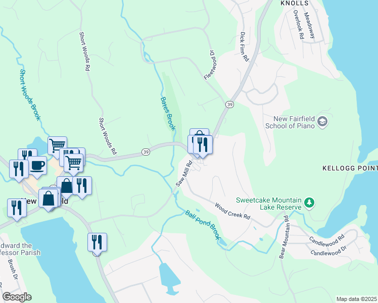 map of restaurants, bars, coffee shops, grocery stores, and more near 67 Connecticut 39 in New Fairfield