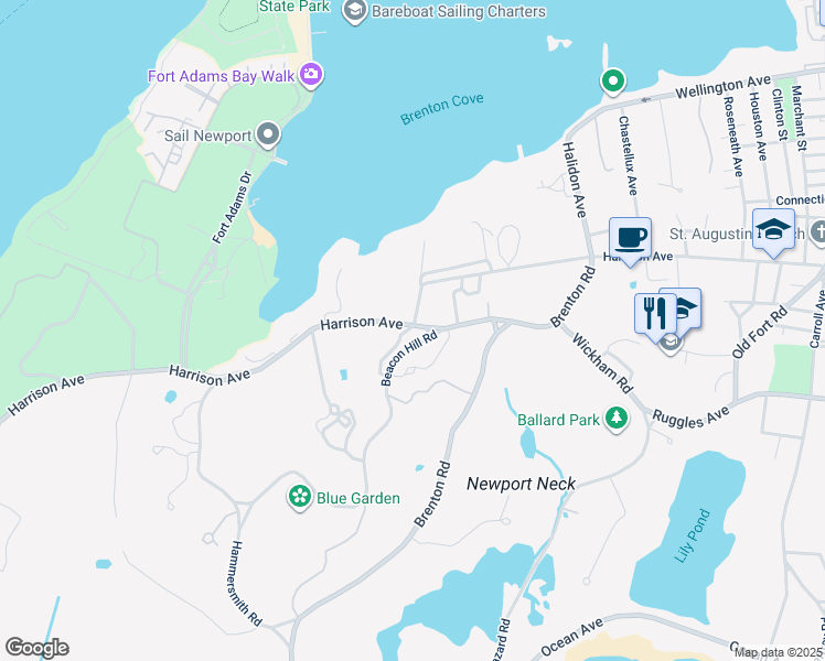 map of restaurants, bars, coffee shops, grocery stores, and more near 200 Harrison Avenue in Newport