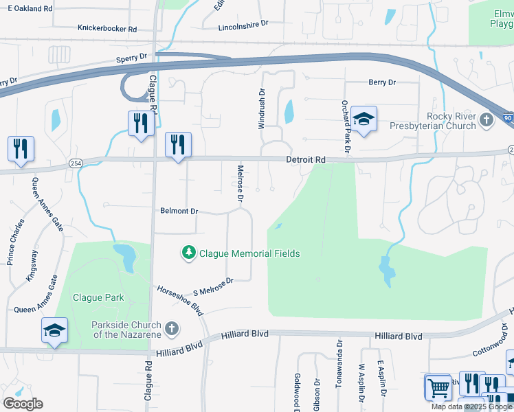 map of restaurants, bars, coffee shops, grocery stores, and more near 1229 East Melrose Drive in Westlake