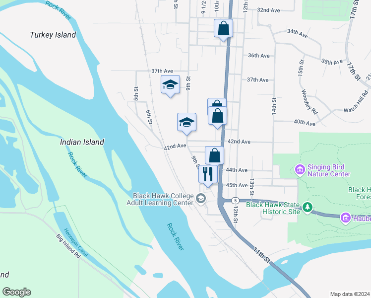 map of restaurants, bars, coffee shops, grocery stores, and more near 830 42nd Avenue in Rock Island