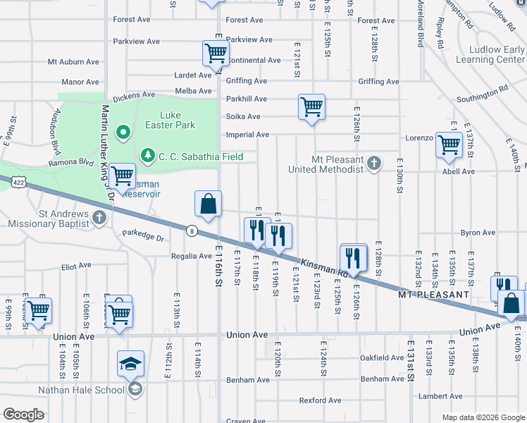 map of restaurants, bars, coffee shops, grocery stores, and more near 3299 East 118th Street in Cleveland