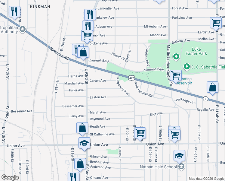 map of restaurants, bars, coffee shops, grocery stores, and more near 9621 Easton Avenue in Cleveland