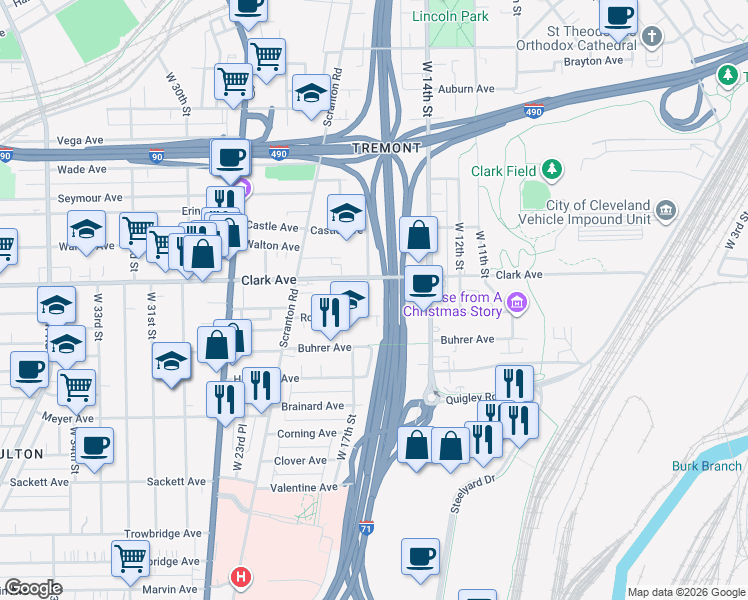 map of restaurants, bars, coffee shops, grocery stores, and more near 3133 West 16th Street in Cleveland