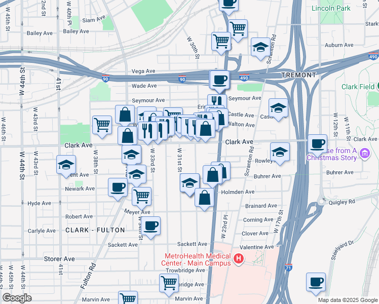 map of restaurants, bars, coffee shops, grocery stores, and more near 3130 West 30th Street in Cleveland