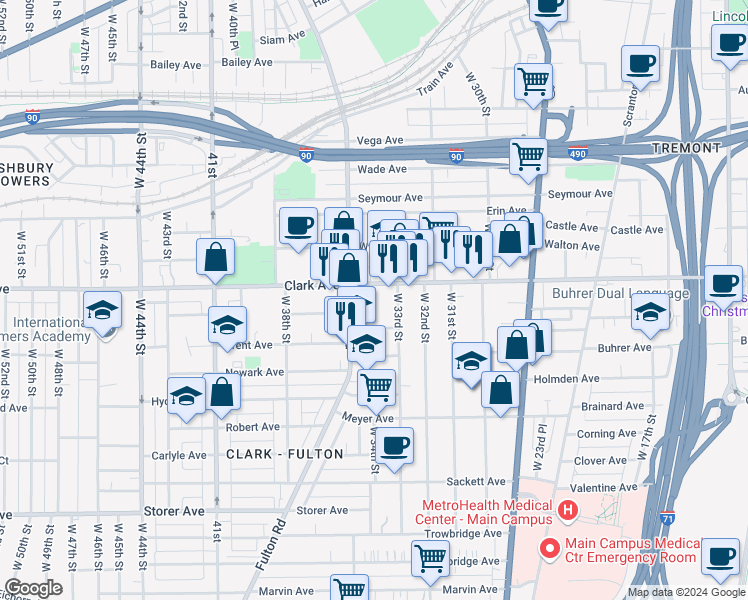 map of restaurants, bars, coffee shops, grocery stores, and more near 3125 West 34th Place in Cleveland
