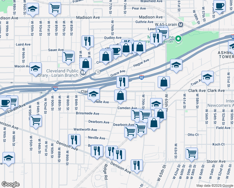 map of restaurants, bars, coffee shops, grocery stores, and more near in Cleveland