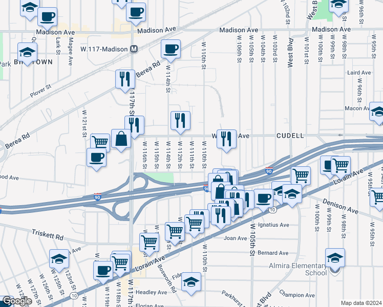map of restaurants, bars, coffee shops, grocery stores, and more near 3063 West 111th Street in Cleveland