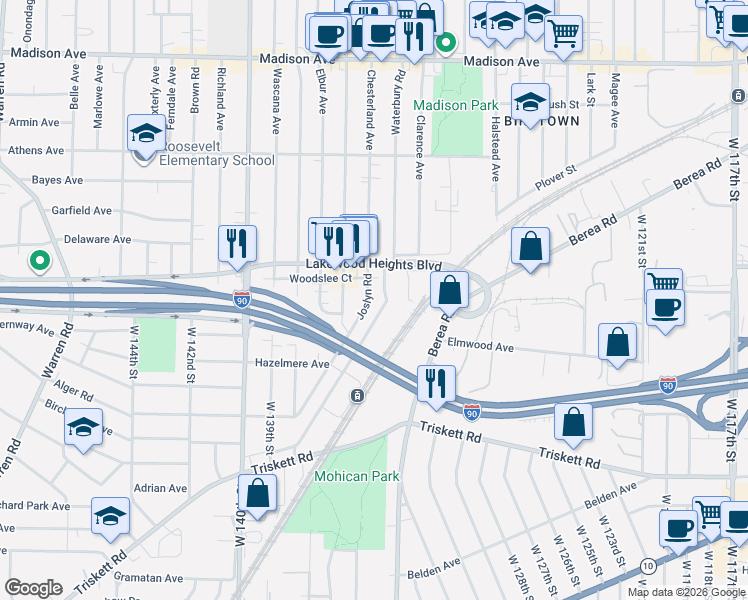 map of restaurants, bars, coffee shops, grocery stores, and more near 3091 Joslyn Road in Cleveland
