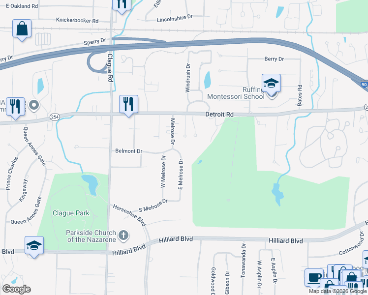 map of restaurants, bars, coffee shops, grocery stores, and more near 1229 East Melrose Drive in Westlake