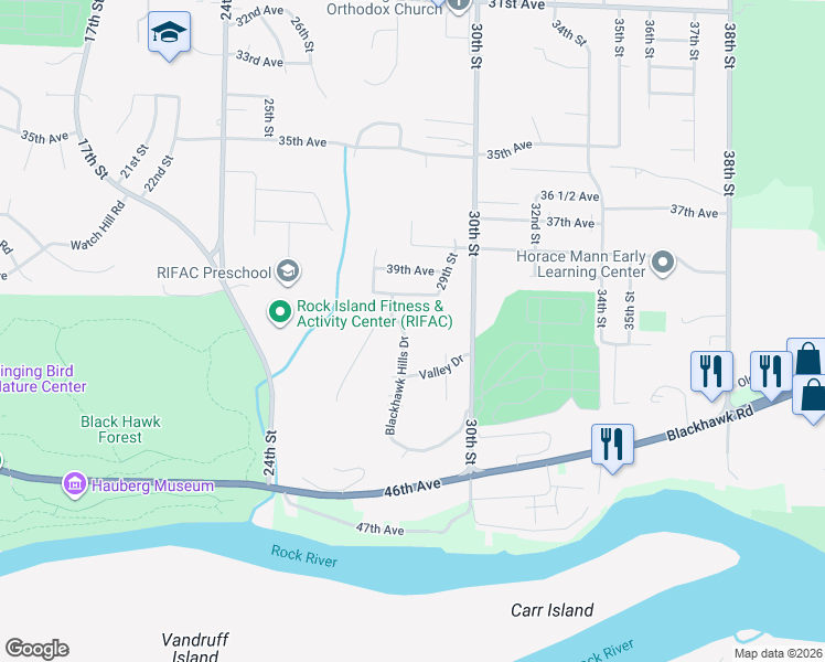 map of restaurants, bars, coffee shops, grocery stores, and more near 15 Blackhawk Hills Drive in Rock Island