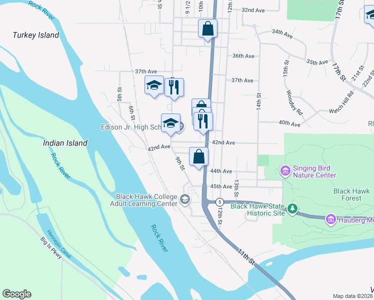 map of restaurants, bars, coffee shops, grocery stores, and more near 932 43rd Avenue in Rock Island