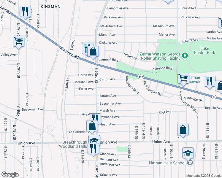 map of restaurants, bars, coffee shops, grocery stores, and more near 9504 Fuller Avenue in Cleveland