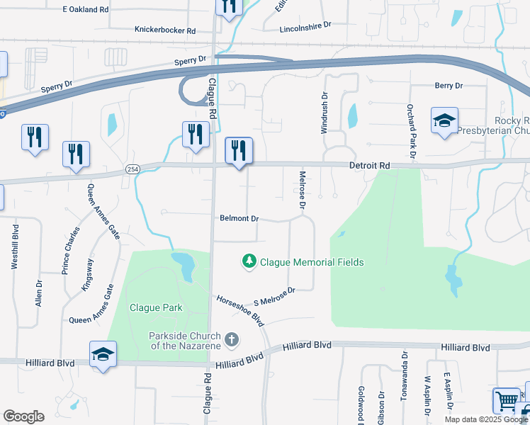 map of restaurants, bars, coffee shops, grocery stores, and more near 23420 Belmont Drive in Westlake