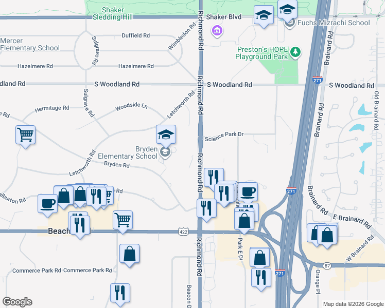 map of restaurants, bars, coffee shops, grocery stores, and more near 3094 Richmond Road in Beachwood