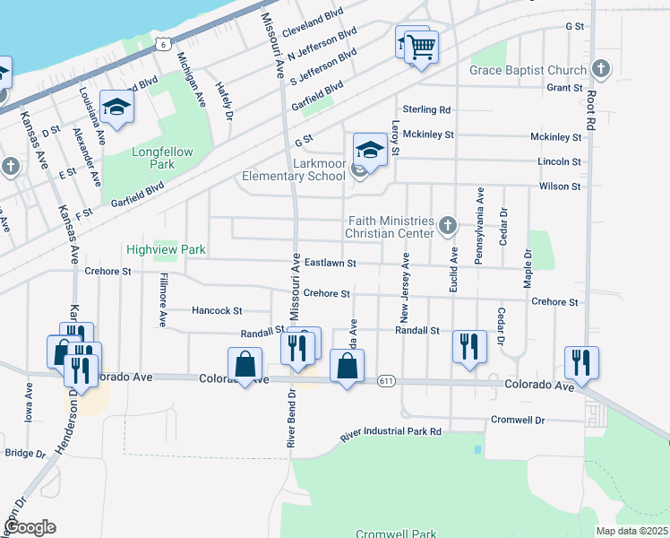 map of restaurants, bars, coffee shops, grocery stores, and more near 2442 Eastlawn Street in Lorain