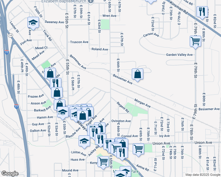 map of restaurants, bars, coffee shops, grocery stores, and more near E 65th St & Morgan Ave in Cleveland