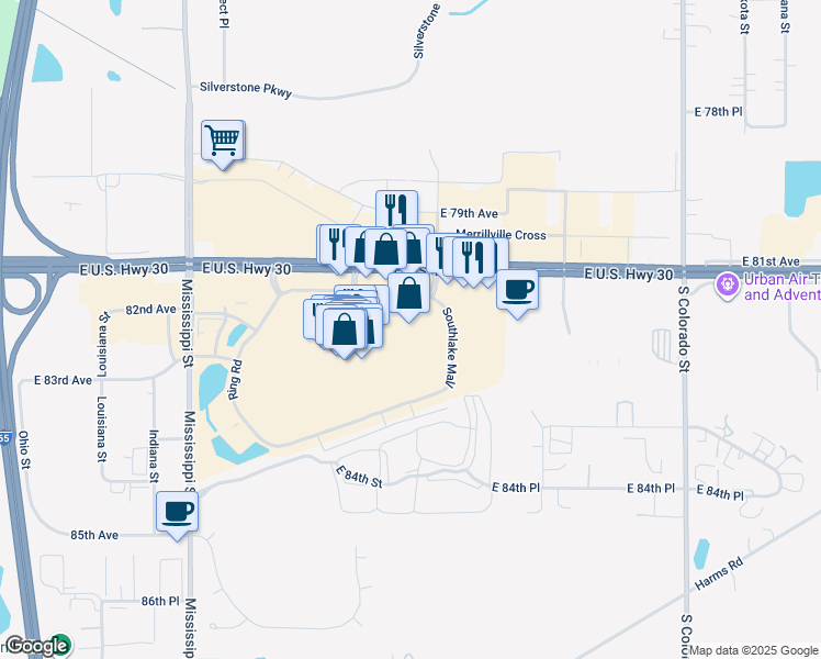 map of restaurants, bars, coffee shops, grocery stores, and more near 2300 Southlake Mall in Merrillville
