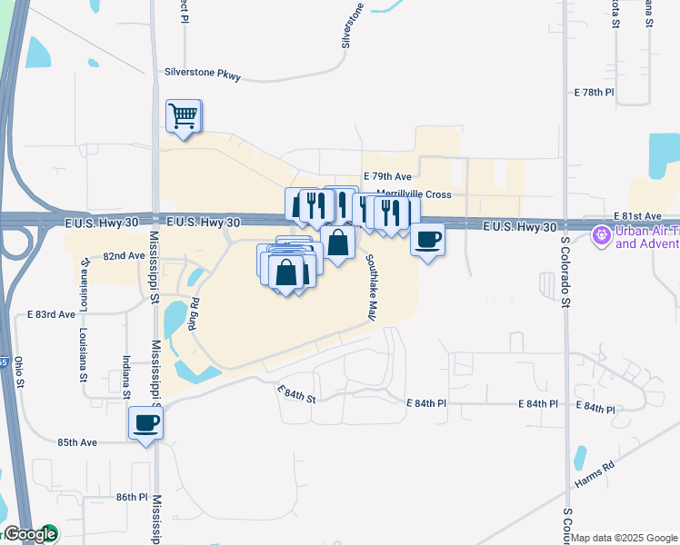 map of restaurants, bars, coffee shops, grocery stores, and more near 2300 Southlake Mall in Merrillville