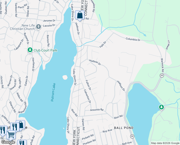 map of restaurants, bars, coffee shops, grocery stores, and more near 5 Jericho Road in New Fairfield