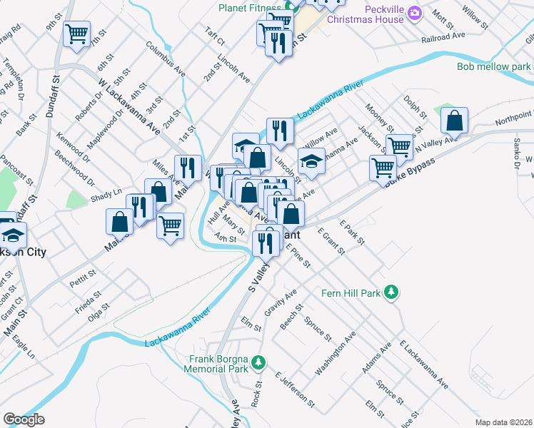 map of restaurants, bars, coffee shops, grocery stores, and more near in Olyphant