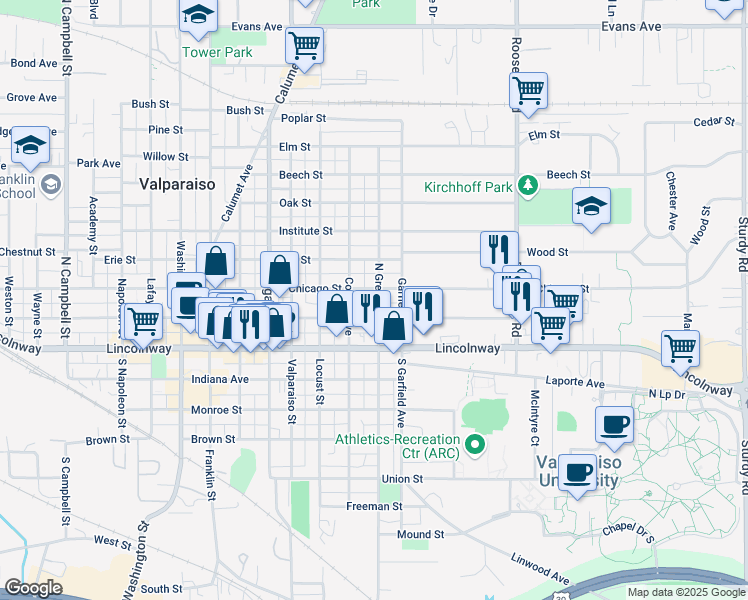 map of restaurants, bars, coffee shops, grocery stores, and more near 105 North Greenwich Street in Valparaiso