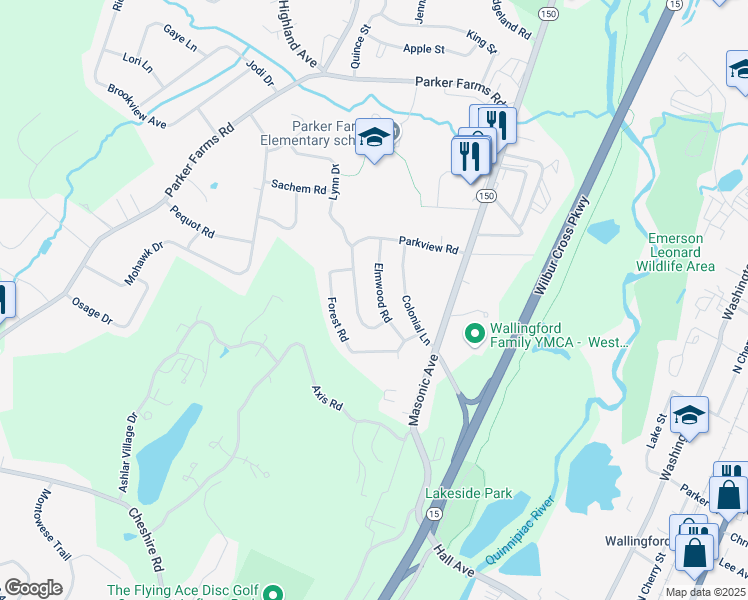 map of restaurants, bars, coffee shops, grocery stores, and more near 9 Elmwood Road in Wallingford