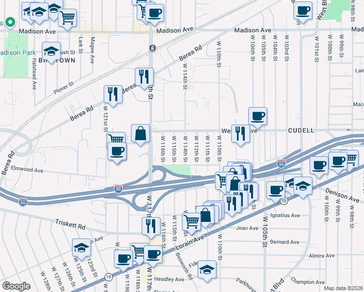 map of restaurants, bars, coffee shops, grocery stores, and more near 3050 West 114th Street in Cleveland