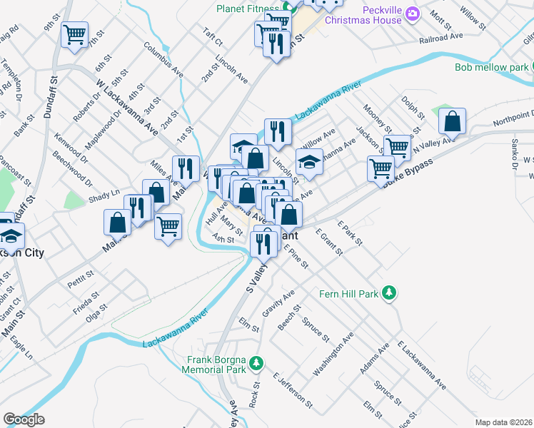map of restaurants, bars, coffee shops, grocery stores, and more near in Olyphant