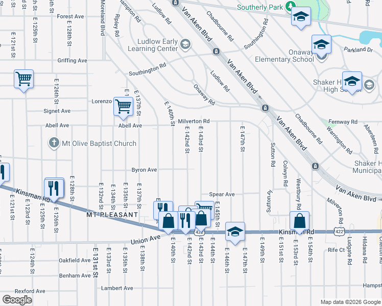 map of restaurants, bars, coffee shops, grocery stores, and more near 3315 East 142nd Street in Cleveland