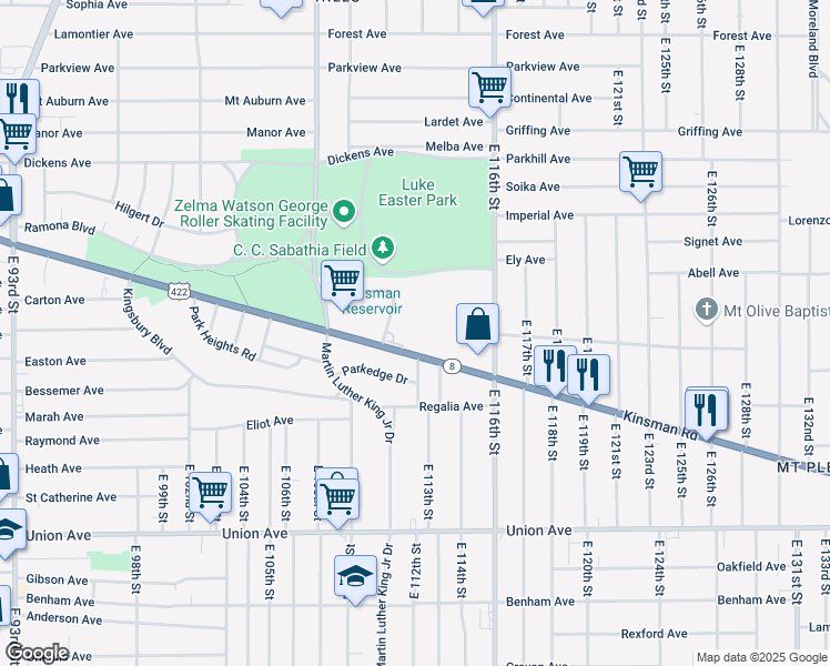 map of restaurants, bars, coffee shops, grocery stores, and more near 11115 Kinsman Road in Cleveland
