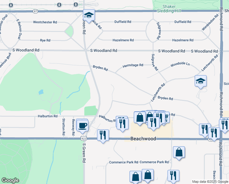 map of restaurants, bars, coffee shops, grocery stores, and more near 23611 Letchworth Road in Beachwood