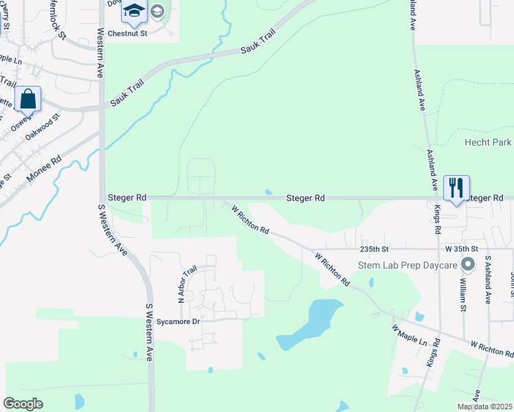 map of restaurants, bars, coffee shops, grocery stores, and more near 2112 West Richton Road in Steger