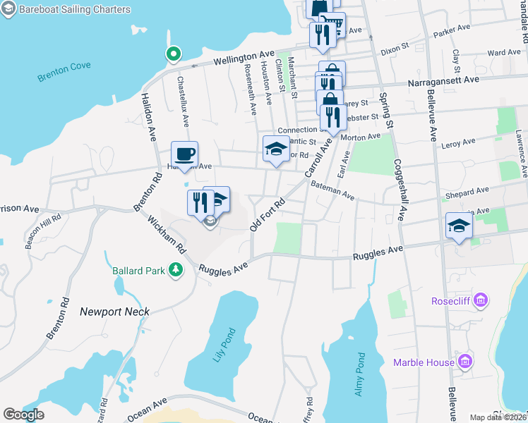 map of restaurants, bars, coffee shops, grocery stores, and more near 72 Old Fort Road in Newport