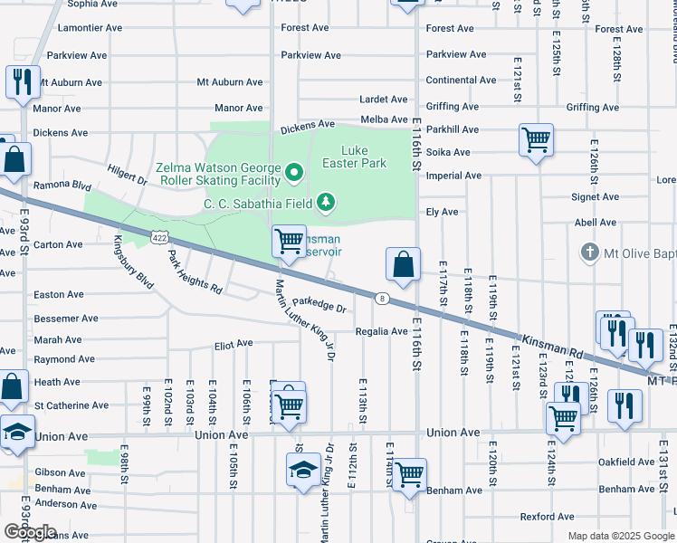 map of restaurants, bars, coffee shops, grocery stores, and more near 11115 Kinsman Road in Cleveland