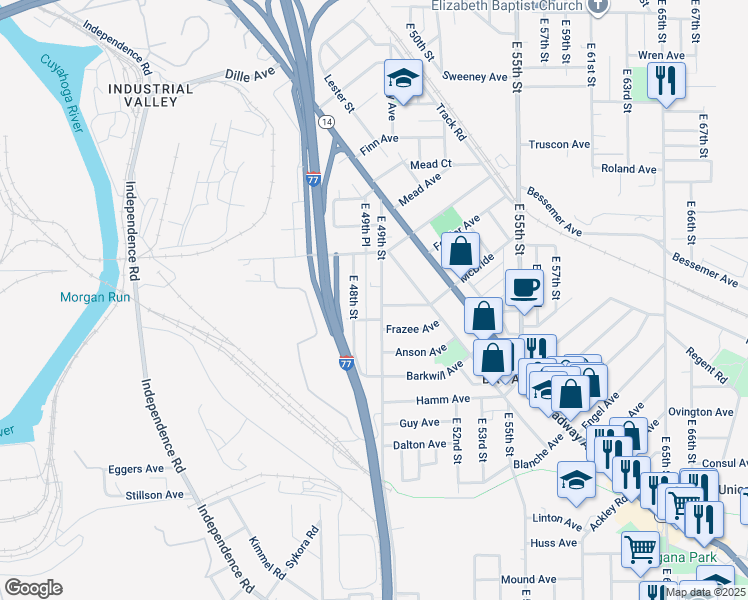 map of restaurants, bars, coffee shops, grocery stores, and more near 3275 East 49th Street in Cleveland